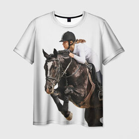 Мужская футболка 3D с принтом Наездница в Белгороде, 100% полиэфир | прямой крой, круглый вырез горловины, длина до линии бедер | animal | coffee | girl | harness | horse | rider | riding | sport | white | woman | белый | девушка | езда | женщина | животное | конь | кофейный | лошадь | наездница | сбруя | спорт