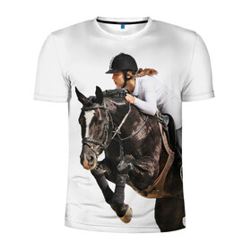 Мужская футболка 3D спортивная с принтом Наездница в Белгороде, 100% полиэстер с улучшенными характеристиками | приталенный силуэт, круглая горловина, широкие плечи, сужается к линии бедра | animal | coffee | girl | harness | horse | rider | riding | sport | white | woman | белый | девушка | езда | женщина | животное | конь | кофейный | лошадь | наездница | сбруя | спорт