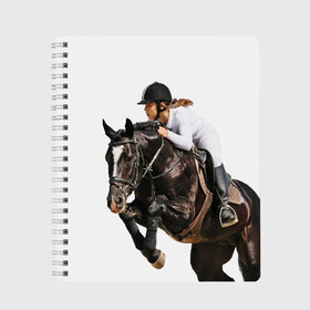 Тетрадь с принтом Наездница в Белгороде, 100% бумага | 48 листов, плотность листов — 60 г/м2, плотность картонной обложки — 250 г/м2. Листы скреплены сбоку удобной пружинной спиралью. Уголки страниц и обложки скругленные. Цвет линий — светло-серый
 | Тематика изображения на принте: animal | coffee | girl | harness | horse | rider | riding | sport | white | woman | белый | девушка | езда | женщина | животное | конь | кофейный | лошадь | наездница | сбруя | спорт