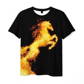 Мужская футболка 3D с принтом Огненный конь в Белгороде, 100% полиэфир | прямой крой, круглый вырез горловины, длина до линии бедер | Тематика изображения на принте: animal | beautiful | black | fiery | fire | horse | mane | wild | грива | дикий | животное | конь | красивый | лошадь | огненный | огонь | скакун | черный