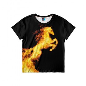 Детская футболка 3D с принтом Огненный конь в Белгороде, 100% гипоаллергенный полиэфир | прямой крой, круглый вырез горловины, длина до линии бедер, чуть спущенное плечо, ткань немного тянется | animal | beautiful | black | fiery | fire | horse | mane | wild | грива | дикий | животное | конь | красивый | лошадь | огненный | огонь | скакун | черный