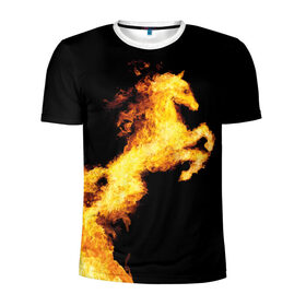 Мужская футболка 3D спортивная с принтом Огненный конь в Белгороде, 100% полиэстер с улучшенными характеристиками | приталенный силуэт, круглая горловина, широкие плечи, сужается к линии бедра | Тематика изображения на принте: animal | beautiful | black | fiery | fire | horse | mane | wild | грива | дикий | животное | конь | красивый | лошадь | огненный | огонь | скакун | черный