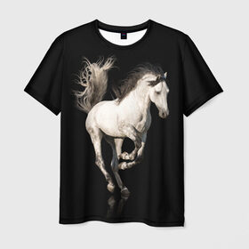 Мужская футболка 3D с принтом Серный в яблоках конь в Белгороде, 100% полиэфир | прямой крой, круглый вырез горловины, длина до линии бедер | animal | beautiful | black | gloss | horse | mane | mustang | muzzle | white | wild | белый | в яблоках | грива | дикий | животное | конь | красивый | лоск | лошадь | мустанг | серый | скакун | черный