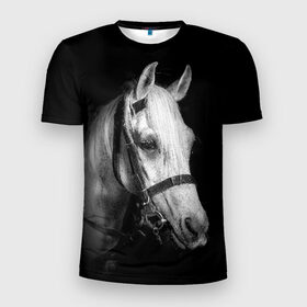 Мужская футболка 3D спортивная с принтом Белая лошадь в Белгороде, 100% полиэстер с улучшенными характеристиками | приталенный силуэт, круглая горловина, широкие плечи, сужается к линии бедра | animal | beautiful | black | eyes | gloss | harness | horse | look | muzzle | white | белый | взгляд | глаза | животное | конь | красивый | лоск | лошадь | сбруя | скакун