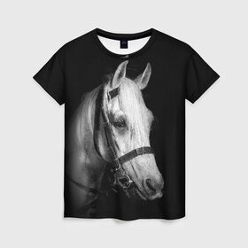 Женская футболка 3D с принтом Белая лошадь в Белгороде, 100% полиэфир ( синтетическое хлопкоподобное полотно) | прямой крой, круглый вырез горловины, длина до линии бедер | animal | beautiful | black | eyes | gloss | harness | horse | look | muzzle | white | белый | взгляд | глаза | животное | конь | красивый | лоск | лошадь | сбруя | скакун