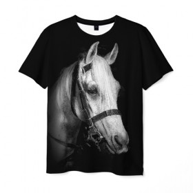 Мужская футболка 3D с принтом Белая лошадь в Белгороде, 100% полиэфир | прямой крой, круглый вырез горловины, длина до линии бедер | animal | beautiful | black | eyes | gloss | harness | horse | look | muzzle | white | белый | взгляд | глаза | животное | конь | красивый | лоск | лошадь | сбруя | скакун