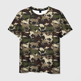 Мужская футболка 3D с принтом Камуфляж в Белгороде, 100% полиэфир | прямой крой, круглый вырез горловины, длина до линии бедер | animal | camouflage | cool | herd | horse | khaki | military | военный | животное | камуфляж | конь | лошадь | прикольный | скакун | табун | хаки