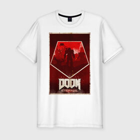 Мужская футболка премиум с принтом Doom в Белгороде, 92% хлопок, 8% лайкра | приталенный силуэт, круглый вырез ворота, длина до линии бедра, короткий рукав | cacodemon | doom | eternal | вечность | вечный | дум | итёрнал | какодемон | этернал