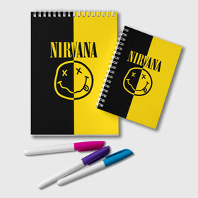 Блокнот с принтом NIRVANA в Белгороде, 100% бумага | 48 листов, плотность листов — 60 г/м2, плотность картонной обложки — 250 г/м2. Листы скреплены удобной пружинной спиралью. Цвет линий — светло-серый
 | music | nirvana | rip smile | rock | smile | группа | курт кобейн | музыка | нирвана | рок | смайл