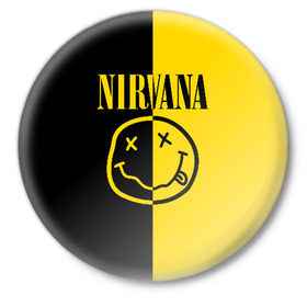 Значок с принтом NIRVANA в Белгороде,  металл | круглая форма, металлическая застежка в виде булавки | music | nirvana | rip smile | rock | smile | группа | курт кобейн | музыка | нирвана | рок | смайл