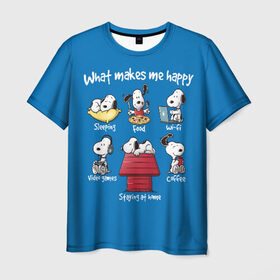Мужская футболка 3D с принтом Что делает меня счастливым в Белгороде, 100% полиэфир | прямой крой, круглый вырез горловины, длина до линии бедер | happy | makes | me | peanuts | snoopy | what | арахис | вудсток | пес | сабака | снупи | собака | чарли браун | щенок
