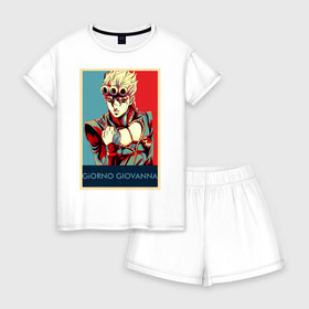 Женская пижама с шортиками хлопок с принтом Джорно Джованна в Белгороде, 100% хлопок | футболка прямого кроя, шорты свободные с широкой мягкой резинкой | jojo | аниме | джованна | джорно | приключения