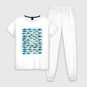 Женская пижама хлопок с принтом Меланхолично-скептичные рыбы в Белгороде, 100% хлопок | брюки и футболка прямого кроя, без карманов, на брюках мягкая резинка на поясе и по низу штанин | bird born | арт | иллюстрация | ирония | мы | общество | подозревака | противостояние | рыбы | сопротивление | социум | юмор | я