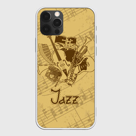 Чехол для iPhone 12 Pro Max с принтом Jazz в Белгороде, Силикон |  | brown | cello | drum | guitar | instrument | jazz | musical | retro | saxophone | sheet music | trumpet | vintage | yellow | барабан | винтаж | виолончель | гитара | джаз | желтый | инструмент | коричневый | музыка | музыкальный | ноты | ретро | сак