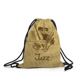 Рюкзак-мешок 3D с принтом Jazz в Белгороде, 100% полиэстер | плотность ткани — 200 г/м2, размер — 35 х 45 см; лямки — толстые шнурки, застежка на шнуровке, без карманов и подкладки | Тематика изображения на принте: brown | cello | drum | guitar | instrument | jazz | musical | retro | saxophone | sheet music | trumpet | vintage | yellow | барабан | винтаж | виолончель | гитара | джаз | желтый | инструмент | коричневый | музыка | музыкальный | ноты | ретро | сак