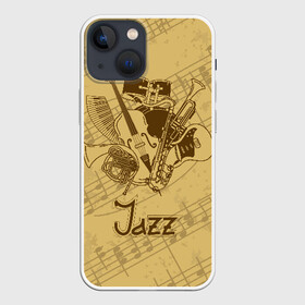 Чехол для iPhone 13 mini с принтом Jazz в Белгороде,  |  | brown | cello | drum | guitar | instrument | jazz | musical | retro | saxophone | sheet music | trumpet | vintage | yellow | барабан | винтаж | виолончель | гитара | джаз | желтый | инструмент | коричневый | музыка | музыкальный | ноты | ретро | сак