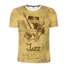 Мужская футболка 3D спортивная с принтом Jazz в Белгороде, 100% полиэстер с улучшенными характеристиками | приталенный силуэт, круглая горловина, широкие плечи, сужается к линии бедра | brown | cello | drum | guitar | instrument | jazz | musical | retro | saxophone | sheet music | trumpet | vintage | yellow | барабан | винтаж | виолончель | гитара | джаз | желтый | инструмент | коричневый | музыка | музыкальный | ноты | ретро | сак