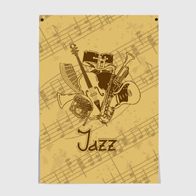 Постер с принтом Jazz в Белгороде, 100% бумага
 | бумага, плотность 150 мг. Матовая, но за счет высокого коэффициента гладкости имеет небольшой блеск и дает на свету блики, но в отличии от глянцевой бумаги не покрыта лаком | brown | cello | drum | guitar | instrument | jazz | musical | retro | saxophone | sheet music | trumpet | vintage | yellow | барабан | винтаж | виолончель | гитара | джаз | желтый | инструмент | коричневый | музыка | музыкальный | ноты | ретро | сак