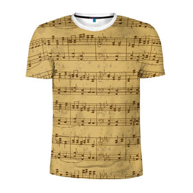 Мужская футболка 3D спортивная с принтом Ноты в Белгороде, 100% полиэстер с улучшенными характеристиками | приталенный силуэт, круглая горловина, широкие плечи, сужается к линии бедра | brown | melody | music | music lover | musician | notes | retro | yellow | желтый | классический | коричневый | мелодия | меломан | музыка | музыкант | ноты | ретро