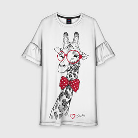 Детское платье 3D с принтом Жираф в Белгороде, 100% полиэстер | прямой силуэт, чуть расширенный к низу. Круглая горловина, на рукавах — воланы | animal | bow tie | cool | giraffe | gray | red | white | белый | галстук  бабочка | животное | жираф | красный | очки | прикольный | серый