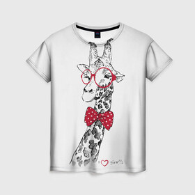 Женская футболка 3D с принтом Жираф в Белгороде, 100% полиэфир ( синтетическое хлопкоподобное полотно) | прямой крой, круглый вырез горловины, длина до линии бедер | animal | bow tie | cool | giraffe | gray | red | white | белый | галстук  бабочка | животное | жираф | красный | очки | прикольный | серый