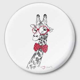 Значок с принтом Жираф в Белгороде,  металл | круглая форма, металлическая застежка в виде булавки | animal | bow tie | cool | giraffe | gray | red | white | белый | галстук  бабочка | животное | жираф | красный | очки | прикольный | серый