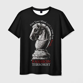 Мужская футболка 3D с принтом A Fashion Terrorist в Белгороде, 100% полиэфир | прямой крой, круглый вырез горловины, длина до линии бедер | black | chess | cool | figure | horse | red | slogan | style | white | белый | конь | красный | лошадь | прикольный | слоган | стиль | фигура | черный | шахматы