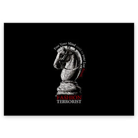 Поздравительная открытка с принтом A Fashion Terrorist в Белгороде, 100% бумага | плотность бумаги 280 г/м2, матовая, на обратной стороне линовка и место для марки
 | Тематика изображения на принте: black | chess | cool | figure | horse | red | slogan | style | white | белый | конь | красный | лошадь | прикольный | слоган | стиль | фигура | черный | шахматы