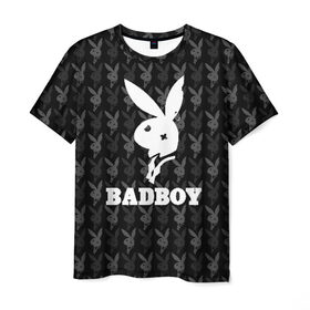 Мужская футболка 3D с принтом Bad boy в Белгороде, 100% полиэфир | прямой крой, круглый вырез горловины, длина до линии бедер | bad boy | bite | bow tie | broken | cool | ear | fighter | logo | man | playboy | rabbit | sign | symbol | white | белый | битый | боец | галстук бабочка | знак | кролик | логотип | любовь | мальчик | мужчина | откушенное | прикольный | сим