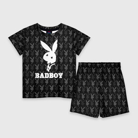 Детский костюм с шортами 3D с принтом Bad boy в Белгороде,  |  | bad boy | bite | bow tie | broken | cool | ear | fighter | logo | man | playboy | rabbit | sign | symbol | white | белый | битый | боец | галстук бабочка | знак | кролик | логотип | любовь | мальчик | мужчина | откушенное | прикольный | сим