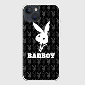 Чехол для iPhone 13 с принтом Bad boy в Белгороде,  |  | Тематика изображения на принте: bad boy | bite | bow tie | broken | cool | ear | fighter | logo | man | playboy | rabbit | sign | symbol | white | белый | битый | боец | галстук бабочка | знак | кролик | логотип | любовь | мальчик | мужчина | откушенное | прикольный | сим