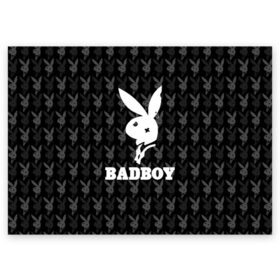 Поздравительная открытка с принтом Bad boy в Белгороде, 100% бумага | плотность бумаги 280 г/м2, матовая, на обратной стороне линовка и место для марки
 | bad boy | bite | bow tie | broken | cool | ear | fighter | logo | man | playboy | rabbit | sign | symbol | white | белый | битый | боец | галстук бабочка | знак | кролик | логотип | любовь | мальчик | мужчина | откушенное | прикольный | сим