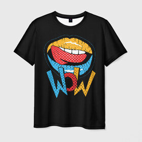 Мужская футболка 3D с принтом Wow в Белгороде, 100% полиэфир | прямой крой, круглый вырез горловины, длина до линии бедер | Тематика изображения на принте: blue | dots | lips | pop art | red | teeth | tongue | white | yellow | белый | губы | желтый | зубы | красный | поп  арт | точки | язык