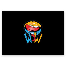 Поздравительная открытка с принтом Wow в Белгороде, 100% бумага | плотность бумаги 280 г/м2, матовая, на обратной стороне линовка и место для марки
 | Тематика изображения на принте: blue | dots | lips | pop art | red | teeth | tongue | white | yellow | белый | губы | желтый | зубы | красный | поп  арт | точки | язык