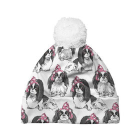 Шапка 3D c помпоном с принтом Японские хины в Белгороде, 100% полиэстер | универсальный размер, печать по всей поверхности изделия | animal | bow | cute | dog | funny | gentle | gray | heart | muzzle | pink | white | бант | белый | животное | забавный | милый | нежный | розовый | сердце | серый | собака