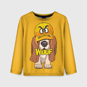 Детский лонгслив 3D с принтом Woof в Белгороде, 100% полиэстер | длинные рукава, круглый вырез горловины, полуприлегающий силуэт
 | animal | cap | dog | funny | slogan | text | yellow | бассет хаунд | желтый | животное | забавный | кепка | прикольный | слоган | смешной | собака | текст