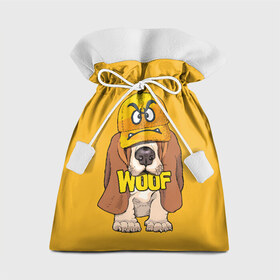 Подарочный 3D мешок с принтом Woof в Белгороде, 100% полиэстер | Размер: 29*39 см | Тематика изображения на принте: animal | cap | dog | funny | slogan | text | yellow | бассет хаунд | желтый | животное | забавный | кепка | прикольный | слоган | смешной | собака | текст