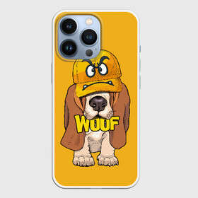 Чехол для iPhone 13 Pro с принтом Woof в Белгороде,  |  | animal | cap | dog | funny | slogan | text | yellow | бассет хаунд | желтый | животное | забавный | кепка | прикольный | слоган | смешной | собака | текст