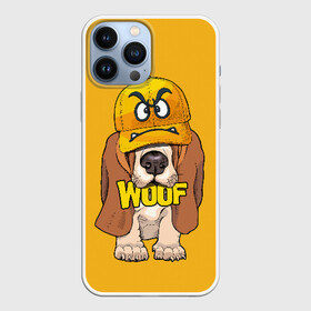 Чехол для iPhone 13 Pro Max с принтом Woof в Белгороде,  |  | animal | cap | dog | funny | slogan | text | yellow | бассет хаунд | желтый | животное | забавный | кепка | прикольный | слоган | смешной | собака | текст