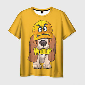 Мужская футболка 3D с принтом Woof в Белгороде, 100% полиэфир | прямой крой, круглый вырез горловины, длина до линии бедер | animal | cap | dog | funny | slogan | text | yellow | бассет хаунд | желтый | животное | забавный | кепка | прикольный | слоган | смешной | собака | текст