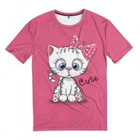 Мужская футболка 3D с принтом Cute в Белгороде, 100% полиэфир | прямой крой, круглый вырез горловины, длина до линии бедер | animal | bow | child | cute | drawing | funny | kitten | look | бант | взгляд | детский | животное | котенок | милый | прикольный | рисунок