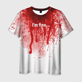 Мужская футболка 3D с принтом I`m fine в Белгороде, 100% полиэфир | прямой крой, круглый вырез горловины, длина до линии бедер | Тематика изображения на принте: blood | drops | fear | halloween | holiday | horror | im fine | shock | spray | брызги | капли | кровь | праздник | ужас | хэллоуин | шок | я в порядке