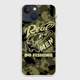 Чехол для iPhone 13 mini с принтом Real men do fishing в Белгороде,  |  | Тематика изображения на принте: bait | black | fish | fisherman | fishing | hook | man | white | белый | занимается | камуфляж | крючок | мужчина | наживка | настоящий | реальный | рыба | рыбак | рыбалка | черный