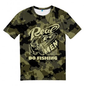 Мужская футболка 3D с принтом Real men do fishing в Белгороде, 100% полиэфир | прямой крой, круглый вырез горловины, длина до линии бедер | Тематика изображения на принте: bait | black | fish | fisherman | fishing | hook | man | white | белый | занимается | камуфляж | крючок | мужчина | наживка | настоящий | реальный | рыба | рыбак | рыбалка | черный
