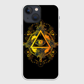 Чехол для iPhone 13 mini с принтом Всевидящее око в Белгороде,  |  | black | esoteric | eye | mystic | occult | orange | symbol | triangle | yellow | глаз | желтый | мистика | оккультизм | око | оранжевый | символ | треугольник | черный | эзотерика