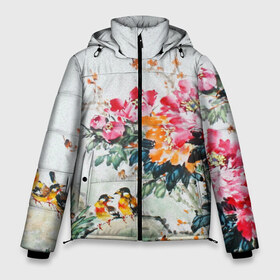 Мужская зимняя куртка 3D с принтом Японские цветы в Белгороде, верх — 100% полиэстер; подкладка — 100% полиэстер; утеплитель — 100% полиэстер | длина ниже бедра, свободный силуэт Оверсайз. Есть воротник-стойка, отстегивающийся капюшон и ветрозащитная планка. 

Боковые карманы с листочкой на кнопках и внутренний карман на молнии. | japan | japanese | искусство | картина | цветы | япония | японская гравюра | японская картина
