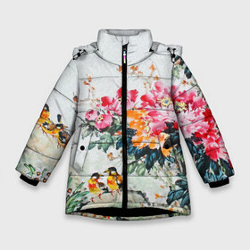 Зимняя куртка для девочек 3D с принтом Японские цветы в Белгороде, ткань верха — 100% полиэстер; подклад — 100% полиэстер, утеплитель — 100% полиэстер. | длина ниже бедра, удлиненная спинка, воротник стойка и отстегивающийся капюшон. Есть боковые карманы с листочкой на кнопках, утяжки по низу изделия и внутренний карман на молнии. 

Предусмотрены светоотражающий принт на спинке, радужный светоотражающий элемент на пуллере молнии и на резинке для утяжки. | Тематика изображения на принте: japan | japanese | искусство | картина | цветы | япония | японская гравюра | японская картина