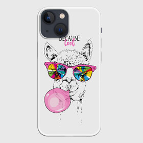 Чехол для iPhone 13 mini с принтом Because cool в Белгороде,  |  | alpaca | animal | chewing | cool | funny | gum | head | llama | muzzle | puffed up | rainbow | альпака | голова | жевательная | животное | забавный | лама | надутая | очки | прикольный | радужные | резинка | смешная