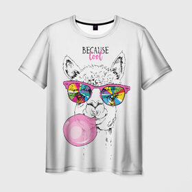 Мужская футболка 3D с принтом Because cool в Белгороде, 100% полиэфир | прямой крой, круглый вырез горловины, длина до линии бедер | alpaca | animal | chewing | cool | funny | gum | head | llama | muzzle | puffed up | rainbow | альпака | голова | жевательная | животное | забавный | лама | надутая | очки | прикольный | радужные | резинка | смешная