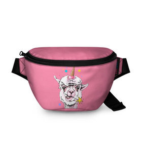Поясная сумка 3D с принтом Hello llamacorn в Белгороде, 100% полиэстер | плотная ткань, ремень с регулируемой длиной, внутри несколько карманов для мелочей, основное отделение и карман с обратной стороны сумки застегиваются на молнию | Тематика изображения на принте: alpaca | animal | carnival | cool | cup | head | horn | ice cream | llama | look | pink | slogan | star | unicorn | waffle | альпака | вафельный | взгляд | голова | единорог | животное | звезда | карнавал | лама | мороженое | привет | прикольный | р